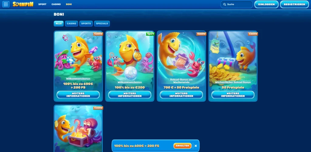 Spinfin Casino Bonusangebote und Promotionen für neue Spieler