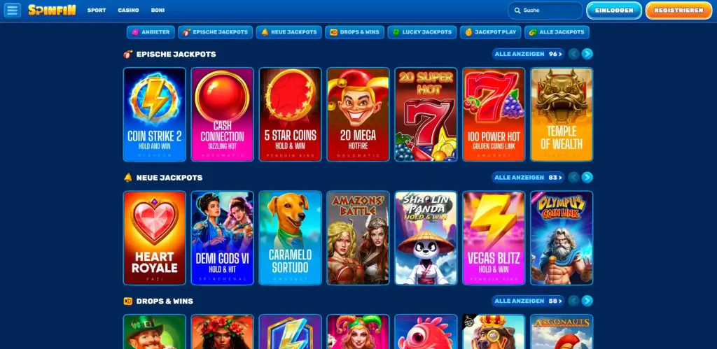 Spinfin Casino Jackpot Spiele und Slot Auswahl