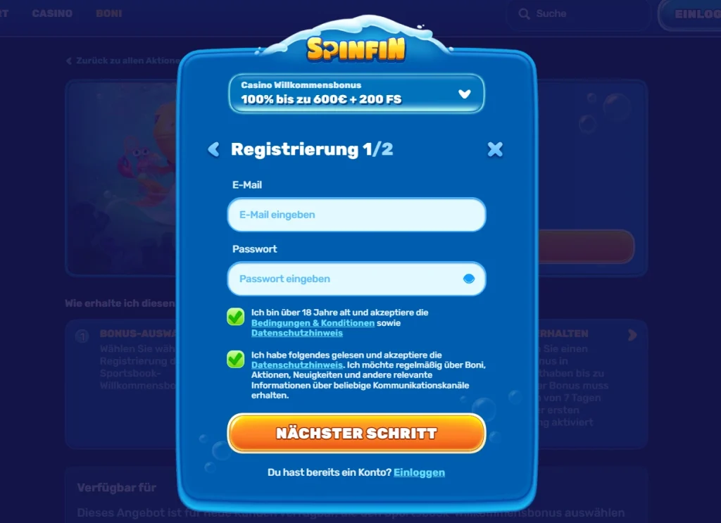 Spinfin Casino Registrierungsformular mit 100% Bonus bis 600 € und 200 Freispiele