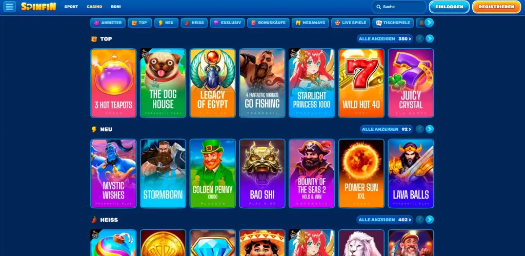 Spinfin Casino Spieleauswahl mit Slots und Casino Spielen