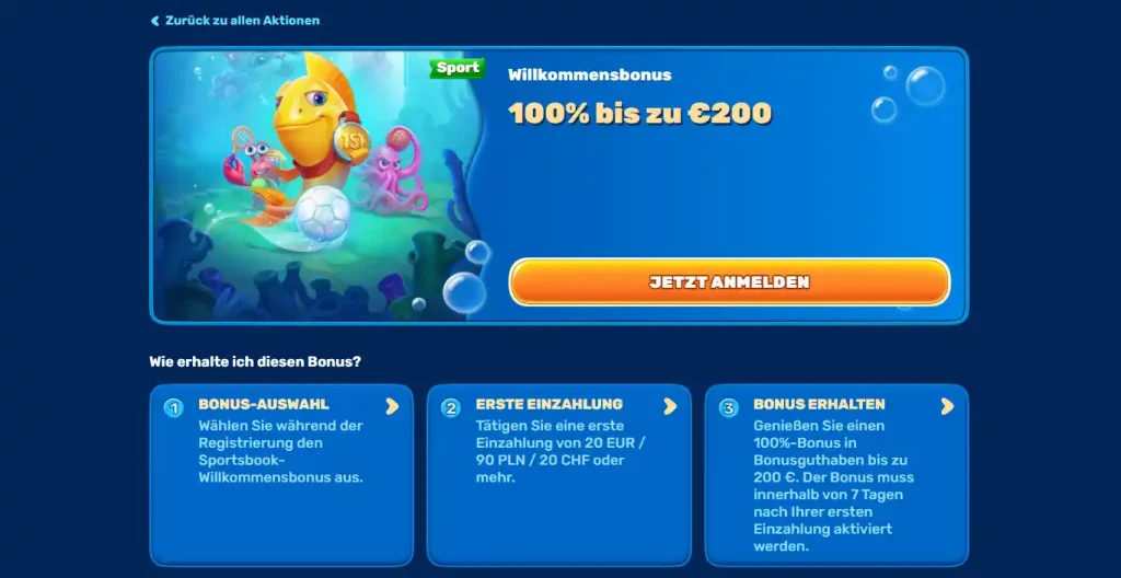 Willkommensbonus 100% bis zu 200 Euro Sportbonus