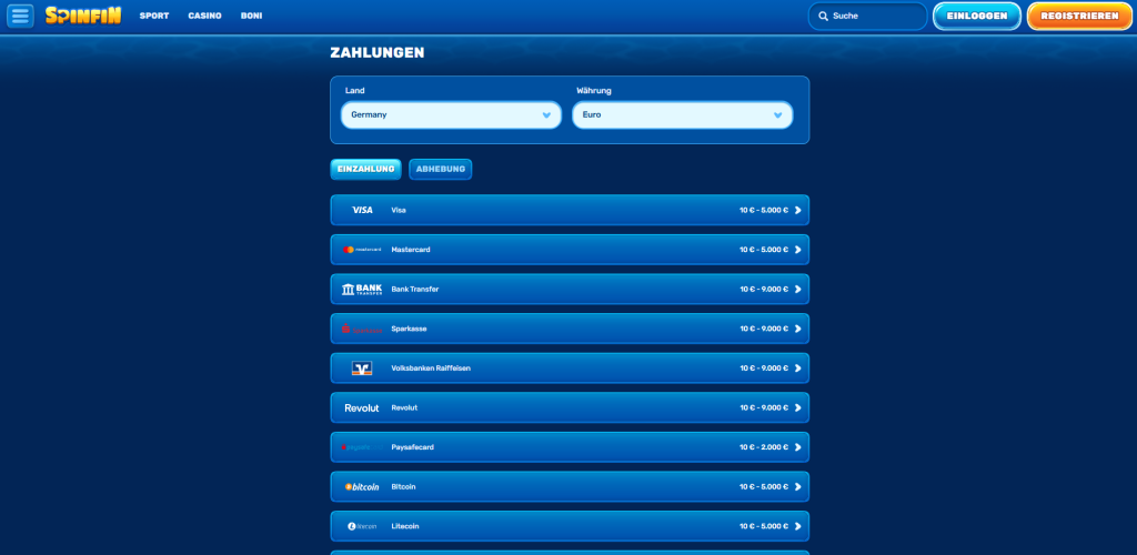 Spinfin Casino Zahlungsmethoden für Einzahlungen und Auszahlungen